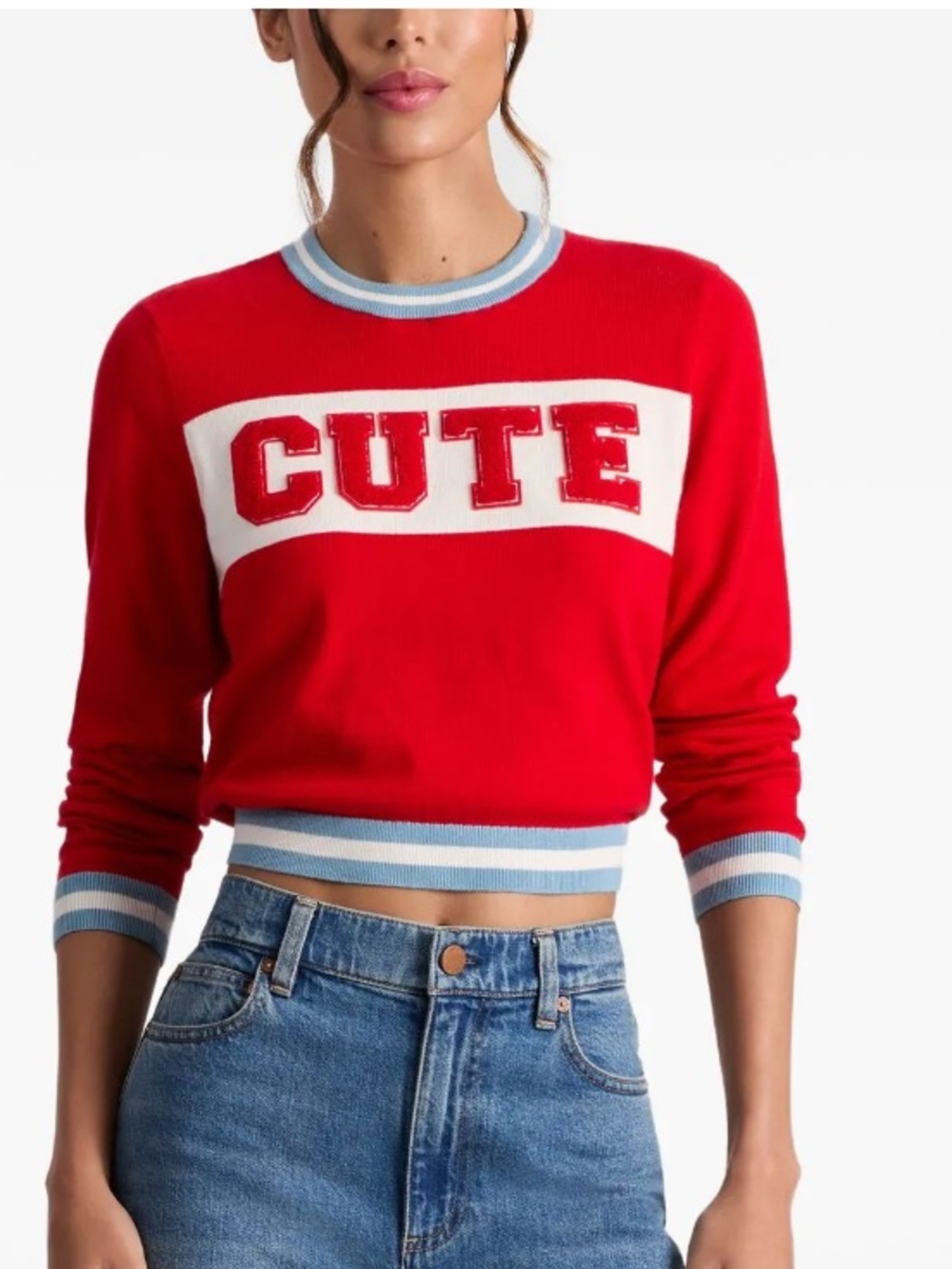 Alice + Olivia Red Cropped Sweater with Blue Trim and High-Rise Jeans